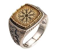 ForFox Anillo aegishjalmur helm of awe anillo con runas vikingas y espada y dragón de plata de ley 925 bicolor joyería nórdica para hombre talla 22 ajustable