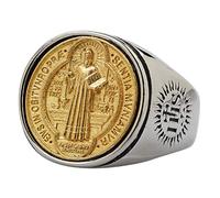 ForFox Anillo Cruzado Medalla de San Benito católico de Acero Inoxidable Titanio y Cobre para Hombres y Mujeres Bicolor Talla 16