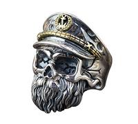 ForFox Anillo de calavera barba con sombrero de plata de ley 925 negro para hombre mujer abierto y ajustable