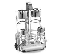 Forgast Set de Condimentos | 5 Elementos, Salero y Pimentero, Dispensador de Aceite y Vinagre, Porta-Palillos | Acero Inoxidable y Cristal Transparente | Fácil de Limpiar | Apto para Lavavajillas