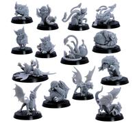 Forged Terrain Baby Dragons & Monsters - Juego de 14 criaturas de fantasía (Wyrmlings rojos y blancos, osos búhos, balas, panteras de fase) | Miniaturas épicas | Juego de iniciación DnD