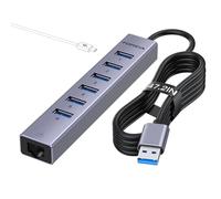 FORIDA Hub USB de 7 puertos - Hub USB Ethernet con cable de 4 pies de largo para laptop, extensor USB con puerto de red Gigabit y puerto de alimentación de 5 V/3 A, concentrador USB multipuerto de