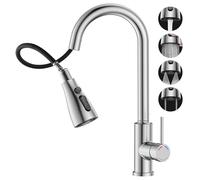 FORIOUS Grifo Cocina Extraible, Grifo Cocina Fregadero con 4 Modos Giratorio a 360° Torneira Cozinha Monomando, Cabezal Rociador de ABS, Acero Inoxidable Grifos de Cocina para Fregadero de 1 Agujero