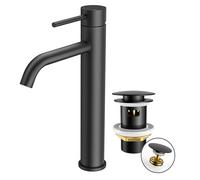 FORIOUS Grifo Lavabo Alto con Desagüe, Grifo Monomando en Negro con Altura de Salida de 190 mm, Mezclador de un Solo Mango para Lavabo del Baño, Lavamanos, Baño de Invitados