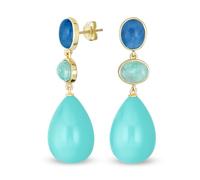 Forma Geométrica Única Multi Oval Y 3 Multi-Tier Colgando Piedras Preciosas Naturales Azul Turquesa Lágrima Bola Pendientes Para Las Mujeres En 14K Oro Amarillo Plateado