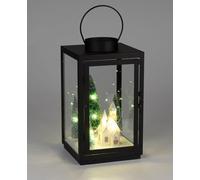formano Farol LED de Navidad, 34 cm, decoración de invierno, con iluminación y temporizador, farol de metal negro con cristal y cadena de luces, diorama iluminado con iglesia y abetos, funciona con