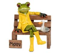 formano Rana sobre banco con saludo Moin y gaviota de piedra artificial, pintada a mano, 13 cm, rana del norte de Alemania con botas de goma amarillas y parker