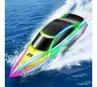 FORMIZON Barco Teledirigido, 2.4GHz Lancha Teledirigida con 7 Modos de Luces LED, 15 km/h Barco RC para Piscinas, más de 120 Minutos, Barcos Teledirigidos Juguetes de Piscina para niños (Verde)