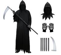 FORMIZON Disfraz de Halloween Fantasma, Disfraz de Parca Hombre Adulto - Grim Reaper con Sombrero, Guantes, Hoz - Túnica de Muerte para Carnival y Cosplay (WAA3489)