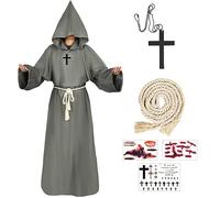 FORMIZON Disfraz de Monje Halloween, Túnica de Monje con Capucha, Medieval de Halloween Bata de Sacerdote con Collar de Cruz, Pegatina Cicatriz Disfraz de Monje Medieval Sacerdote para Halloween Carnaval