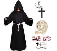 FORMIZON Disfraz de Monje Halloween, Túnica de Monje con Capucha, Medieval de Halloween Bata de Sacerdote con Collar de Cruz, Pegatina Cicatriz Disfraz de Monje Medieval Sacerdote para Halloween Carnaval