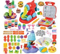 FORMIZON Juego de 70 plastilinas 3 en 1 para niños | Máquina para hacer pasta, máquina para hamburguesas, caja de juguete, dinero de juego, con 18 latas de plastilina