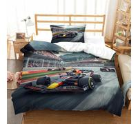 Fórmula 1 BullRacing Juego De Funda Nórdica con Invisible Cremallera Formula Racing Juego De Cama Doble Microfibra Suave con Cierre De Cremallera Y Fundas De Almohada Negras Single（135x200cm）