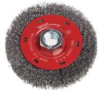 Forney 72788 Cepillo de rueda de alambre, grueso prensado con eje roscado de 5/8 pulgadas-11, 4 pulgadas por 0.014 pulgadas