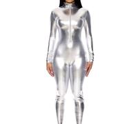 Forplay Disfraz de cuello alto con cremallera frontal metálica para mujer, plata, M/L