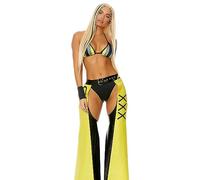 Forplay Women's Filthy Iconic Superstar Costume 4-Piece Halloween Outfit with Bra, Panty, Chaps, and Wristcuffs, Yellow, L/XL