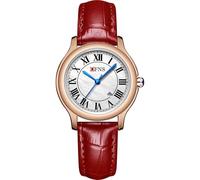 Forrader Relojes clásicos de cuarzo para mujer con correa de acero inoxidable y cuero auténtico, elegante reloj de calendario para mujer con números romanos, Rosa/rojo, Clásico