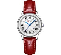 Forrader Relojes clásicos de cuarzo para mujer con correa de acero inoxidable y cuero auténtico, elegante reloj de calendario para mujer con números romanos, Plateado/rojo, Clásico