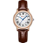 Forrader Relojes clásicos de cuarzo para mujer con correa de acero inoxidable y cuero auténtico, elegante reloj de calendario para mujer con números romanos, Rosa/café, Clásico