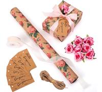 ForraFun Juego de rollos de papel de regalo floral de estraza, 17 pulgadas x 16.4 pies, con etiquetas de regalo de rosas rosas y cinta de gasa, kit de envoltura de regalo para mujeres, regalos para el