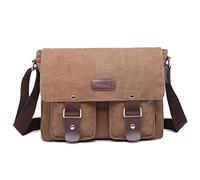 FORRICA Bolsa de Mensajero Hombres Lona Bolso de Bandolera Casual Bolsa de Hombro para Ordenador Portátil Escolar Bolso de Lona Café