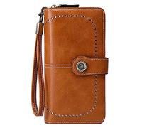 FORRICA Cartera Mujer Grande Monedero Cremallera RFID Bloqueo Billetera Múltiples Compartimentos Tarjeteros Cartera Cuero PU con Correa Muñeca Marrón