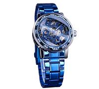FORSINING Ganador reloj de esqueleto mecánico manual retro con diamante y tallado floral artesanía hombres esqueleto reloj de pulsera mecánico clásico número romano, Azul, Retro