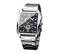 FORSINING Qaurtz - Reloj analógico para hombre, resistente al agua, rectangular, esqueleto, fecha, fecha, acero inoxidable, fase lunar, plata, pulsera