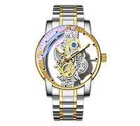 FORSINING Reloj analógico de cuarzo para hombre, de acero inoxidable transparente, esfera de lujo, impermeable y luminoso, Dorado plateado, pulsera