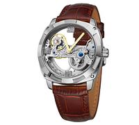 FORSINING Reloj analógico mecánico automático para hombre con correa de piel, plateado y marrón , Classic