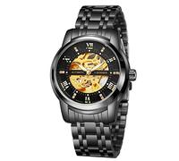 FORSINING Reloj automático de cuerda automática de los hombres de lujo esqueleto impermeable de acero inoxidable mecánico reloj de pulsera, 01-Negro