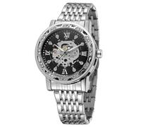 FORSINING Reloj cronógrafo automático de acero inoxidable para hombre, fácil de leer, esqueleto de diamante, resistente al agua, números romanos, Plateado negro, Classic