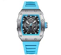 FORSINING Reloj de cuarzo para hombre, diseño de esqueleto, esfera grande, analógico, informal, de negocios, correa de silicona, relojes militares, azul, Correa