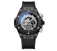 FORSINING Reloj de cuarzo para hombre, esfera de fase lunar retro, impermeable, luminoso, analógico, deportivo, correa de silicona, negro, Correa