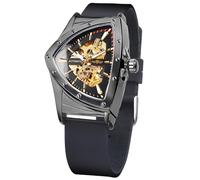 FORSINING Reloj de esqueleto automático para hombre, reloj mecánico automático con esfera triangular, luminoso, cuerda automática, correa de acero inoxidable o correa de silicona suave, negro y