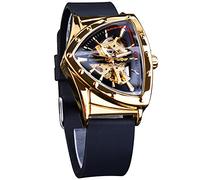 FORSINING Reloj de esqueleto automático para hombre, reloj mecánico automático con esfera triangular, luminoso, cuerda automática, correa de acero inoxidable o correa de silicona suave, plata
