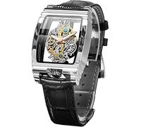 FORSINING Reloj de esqueleto hueco de lujo para hombre, diseño retro magnífico tallado de engranajes, esfera rectangular tonneau, correa de cuero y correa de acero inoxidable, reloj de pulsera de