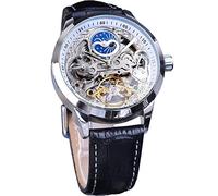 FORSINING Reloj de fase lunar esqueleto mecánico automático Tourbillon doble zona horaria relojes automáticos de lujo correa de cuero grande esfera reloj de pulsera, Blanco