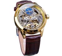 FORSINING Reloj de fase lunar esqueleto mecánico automático Tourbillon doble zona horaria relojes automáticos de lujo correa de cuero grande esfera reloj de pulsera, Oro