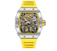 FORSINING - Reloj de hombre con forma de barril de esqueleto mecánico automático grande tendencia Business Dress Relojes de pulsera de silicona, amarillo, correa
