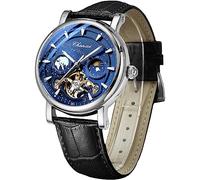 FORSINING Reloj de hombre luminoso cielo estrellado con fase lunar Tourbillon, mecánico automático automático relojes de moda, caja de acero inoxidable cinturón de cuero reloj de pulsera, Azul