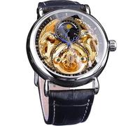 FORSINING Reloj de lujo para hombre con fase lunar y Tourbillon, reloj de pulsera mecánico con mecanismo de movimiento automático de esqueleto retro hueco con movimiento automático, Plateado negro