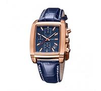 FORSINING Reloj de pulsera analógico de cuarzo para hombre, con correa de piel auténtica azul, esfera grande, resistente al agua, dorado, Correa