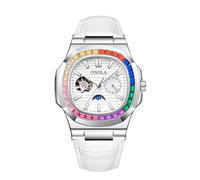 FORSINING Reloj de pulsera automático de diamantes de moda para hombre, correa de cuero, esqueleto mecánico, cuerda manual, relojes de lujo, Blanco