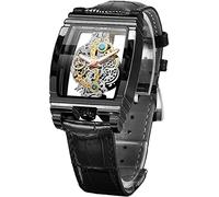 FORSINING Reloj de pulsera de cuarzo para hombre, diseño de esqueleto hueco, esfera grande, correa de cuero y correa de acero inoxidable, reloj de pulsera de cuarzo no mecánico, Negro Negro