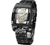 FORSINING Reloj de pulsera de cuarzo para hombre, diseño de esqueleto hueco, esfera grande, correa de cuero y correa de acero inoxidable, reloj de pulsera de cuarzo no mecánico, Negro -