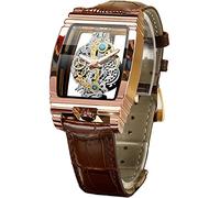 FORSINING Reloj de pulsera de cuarzo para hombre, diseño retro de esqueleto hueco, esfera grande, correa de cuero y correa de acero inoxidable, reloj de pulsera de cuarzo, no mecánico, Marrón oro