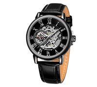 FORSINING Reloj de pulsera de cuero de moda antiguo con mecanismo mecánico de aleación de alta calidad para hombre, Negro y plateado, Mecánico