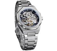 Forsining Reloj de pulsera mecánico automático de lujo con diamantes Tourbillon esqueleto para hombre, reloj de acero inoxidable plateado para hombre, plata, Reloj mecánico y automático