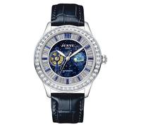 FORSINING Reloj de pulsera mecánico automático para hombre, correa de cuero genuino, resistente al agua, para negocios, estrellado, diamante, esfera grande, luminoso, azul